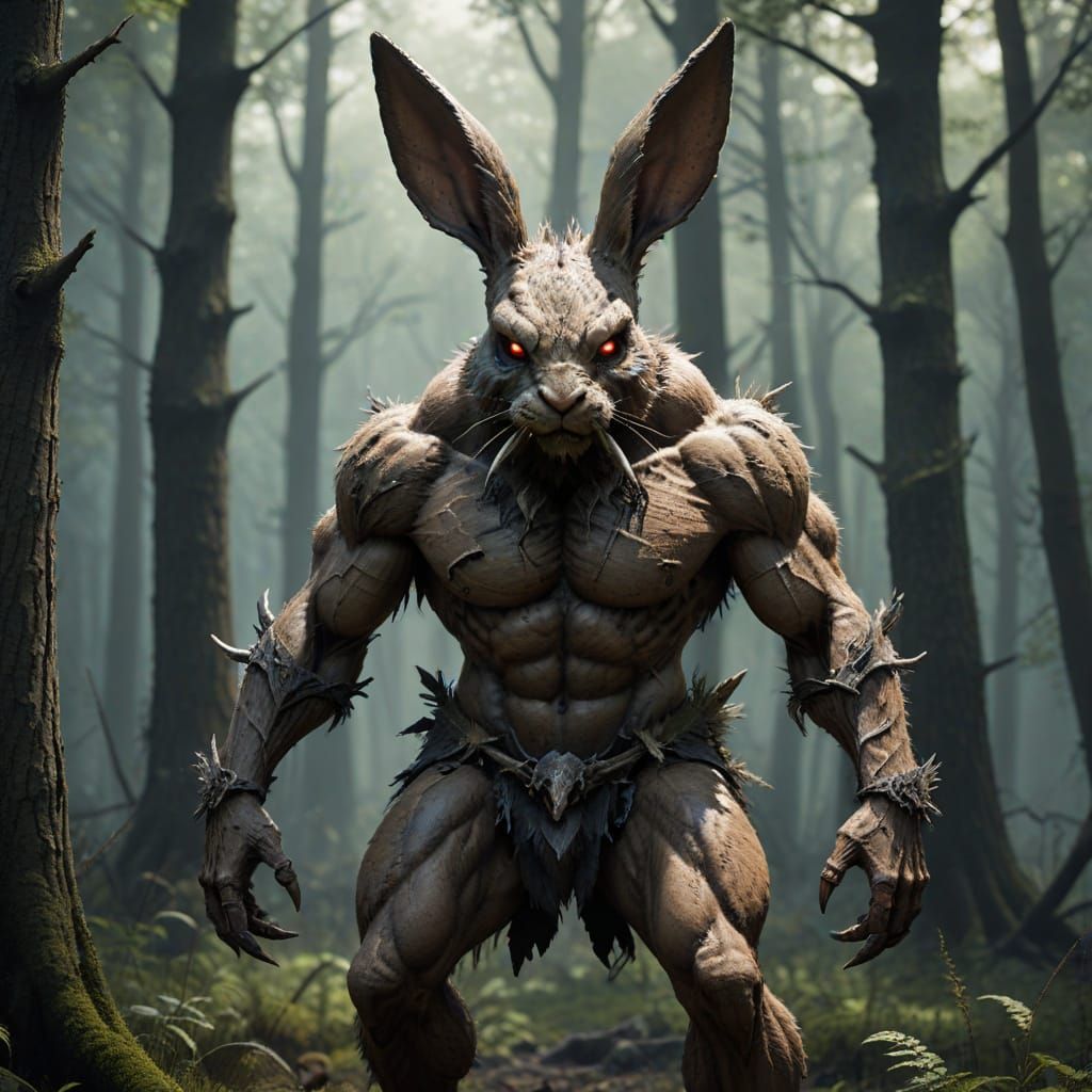 Majestic Demon Rabbit in a Haunted Forest Landscape