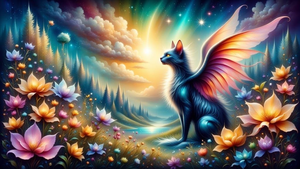 Whimsical Fantasy Catlike Creature in Ethereal Landscape