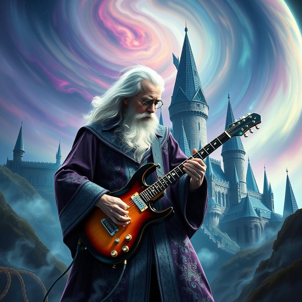 Dumbledore Shreds in a Magical Electric Guitar Scene