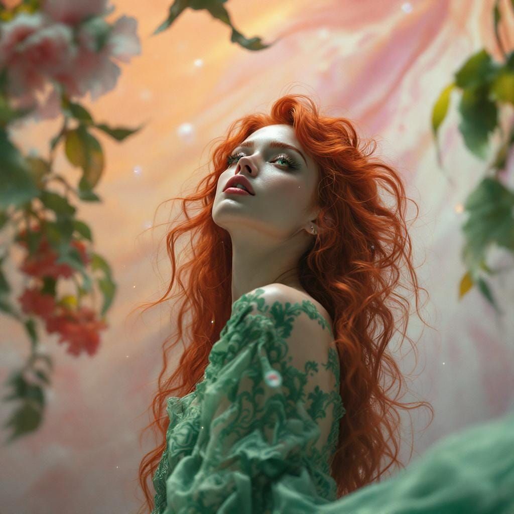 Red-Haired Woman in Dreamlike Surreal Landscape