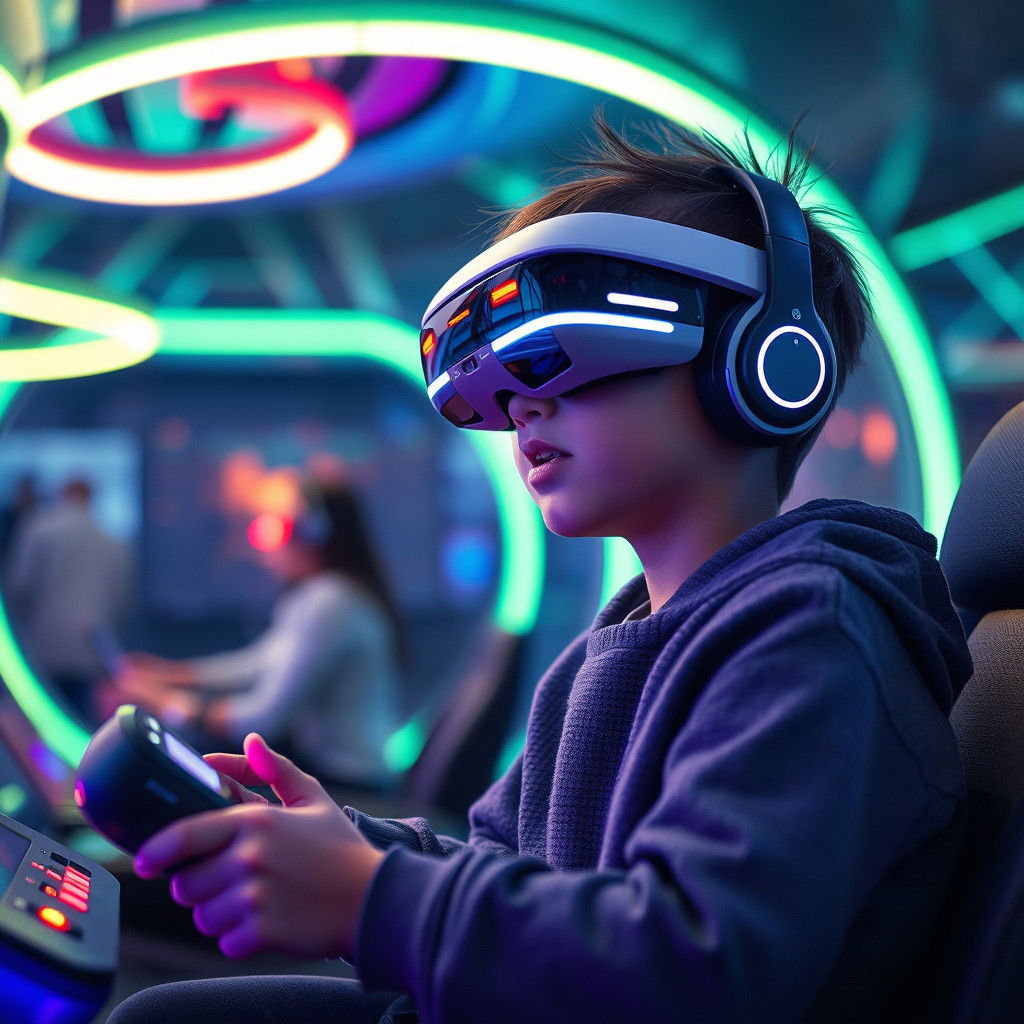 Hyperrealistic Child Gaming in Futuristic Entertainment Pod