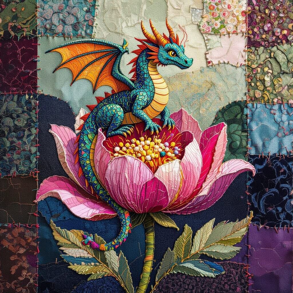 Whimsical Textile Dragon on Embroidered Flower