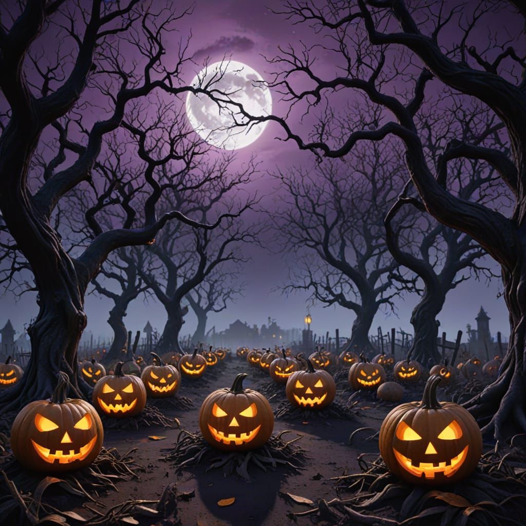 Spooky Halloween Pumpkin Patch at Night