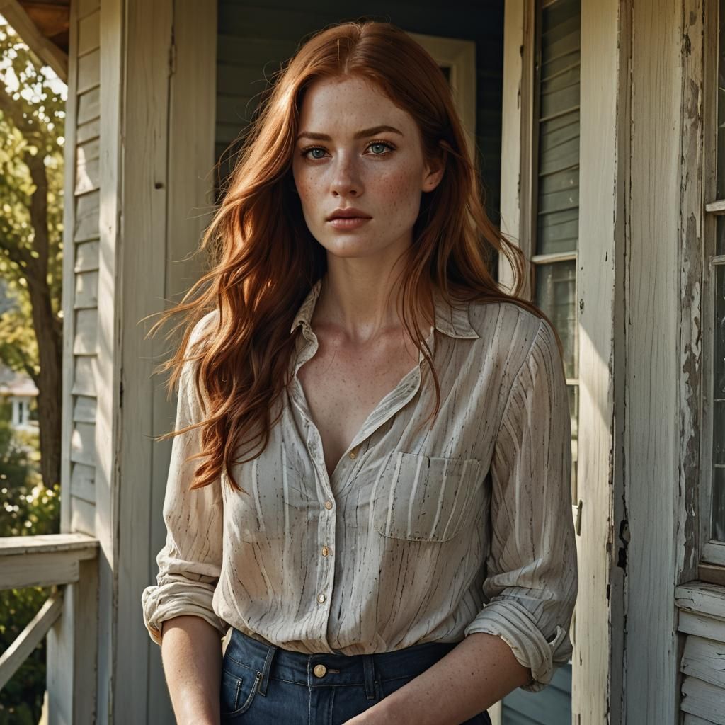 Auburn Beauty on the Porch in Detailed Digital Art