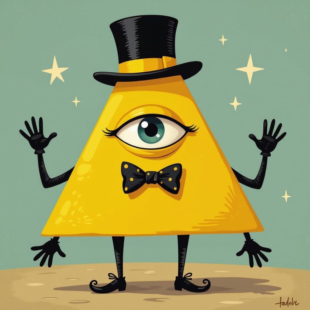 Whimsical Yellow Triangle Character with Top Hat and Bow Tie
