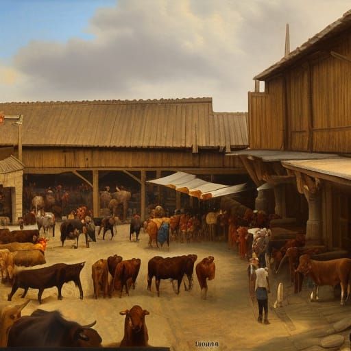 Medieval Cattle Market as Oil Painting