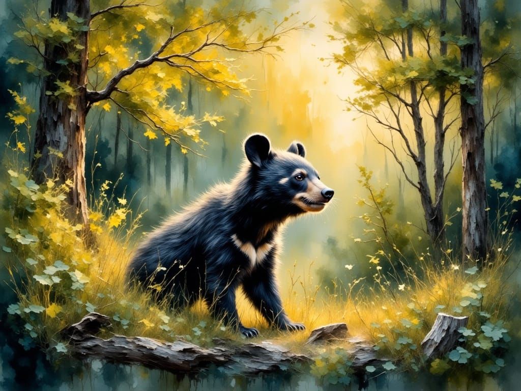 Whimsical Woodland Scene with Curious Bear Cub