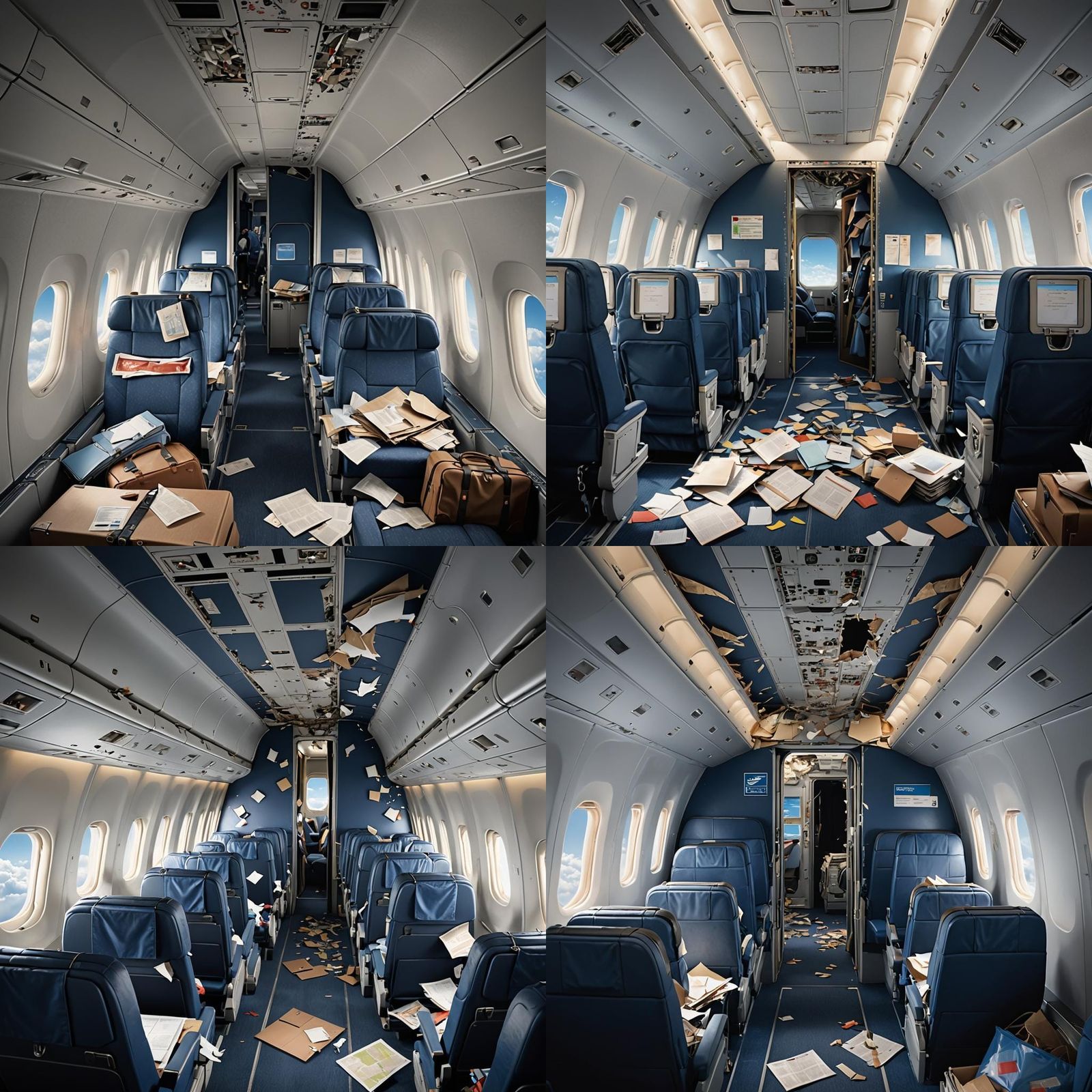 A photorealistic image of the chaotic interior of a Boeing 7...
