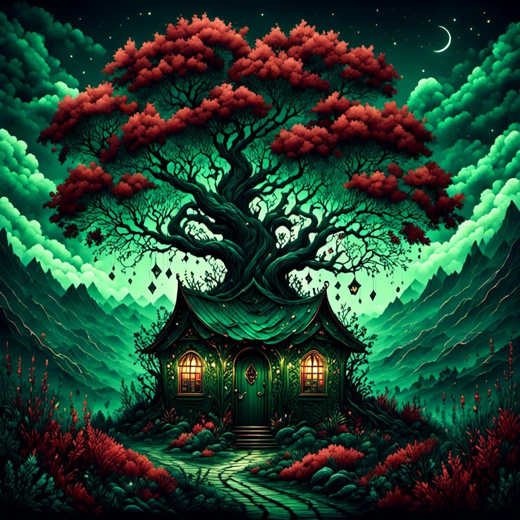 Intricate Dark Landscape with Shed and Giant Tree