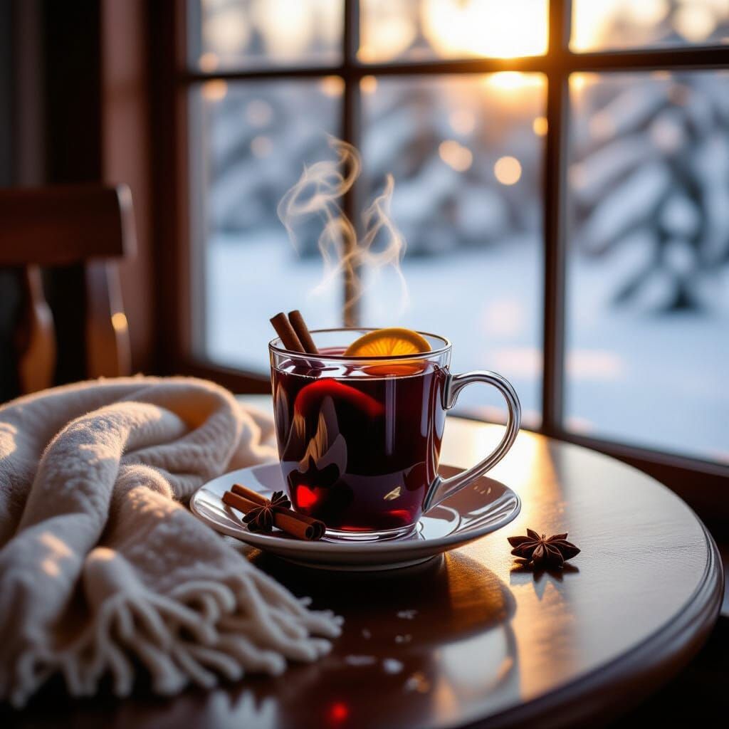 Steaming Mulled Wine on Wooden Table in Golden Hour Light