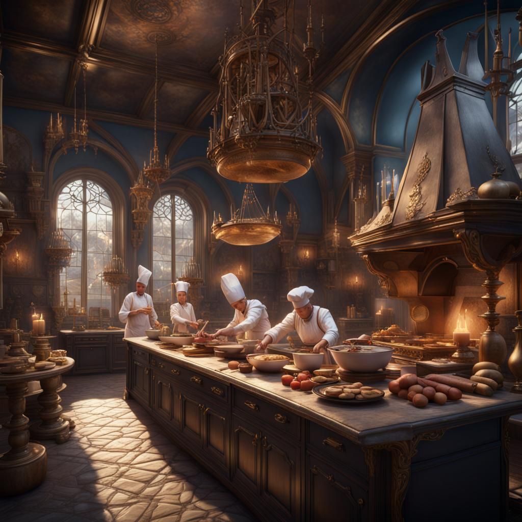 Luxurious Royal Kitchen with Chef, Detailed Matte Painting