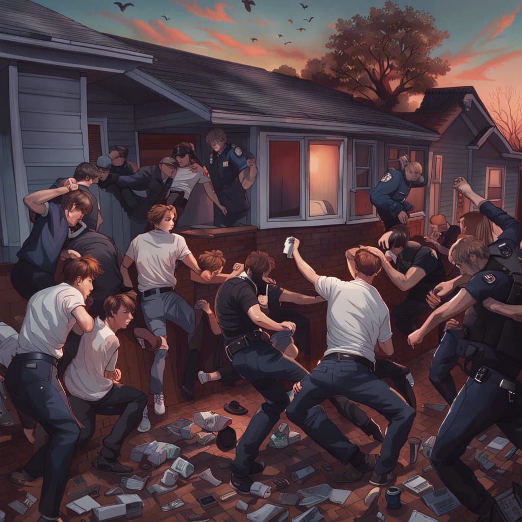 Chaotic House Party with Police and Broken Window