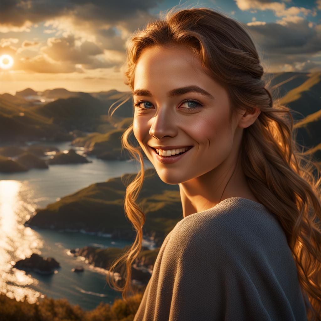 Beautiful Girl Smiling in Sunlight: Photorealistic Portrait