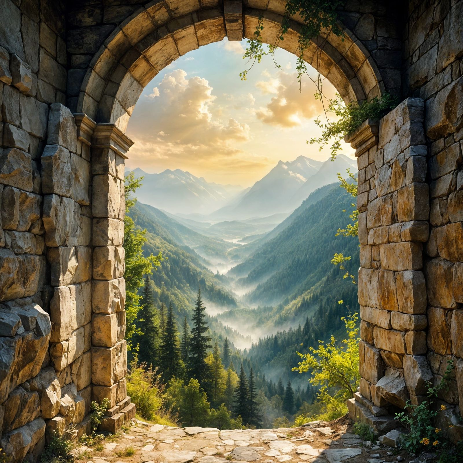 Castle Window View of Lush Forest Valley