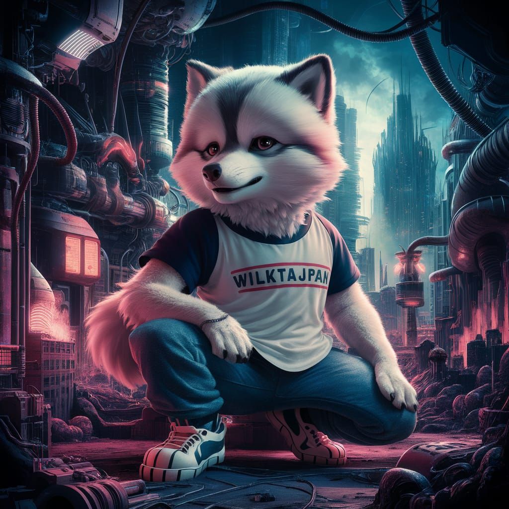 Cyberpunk Anime Wolf with T-Shirt in Dystopian City