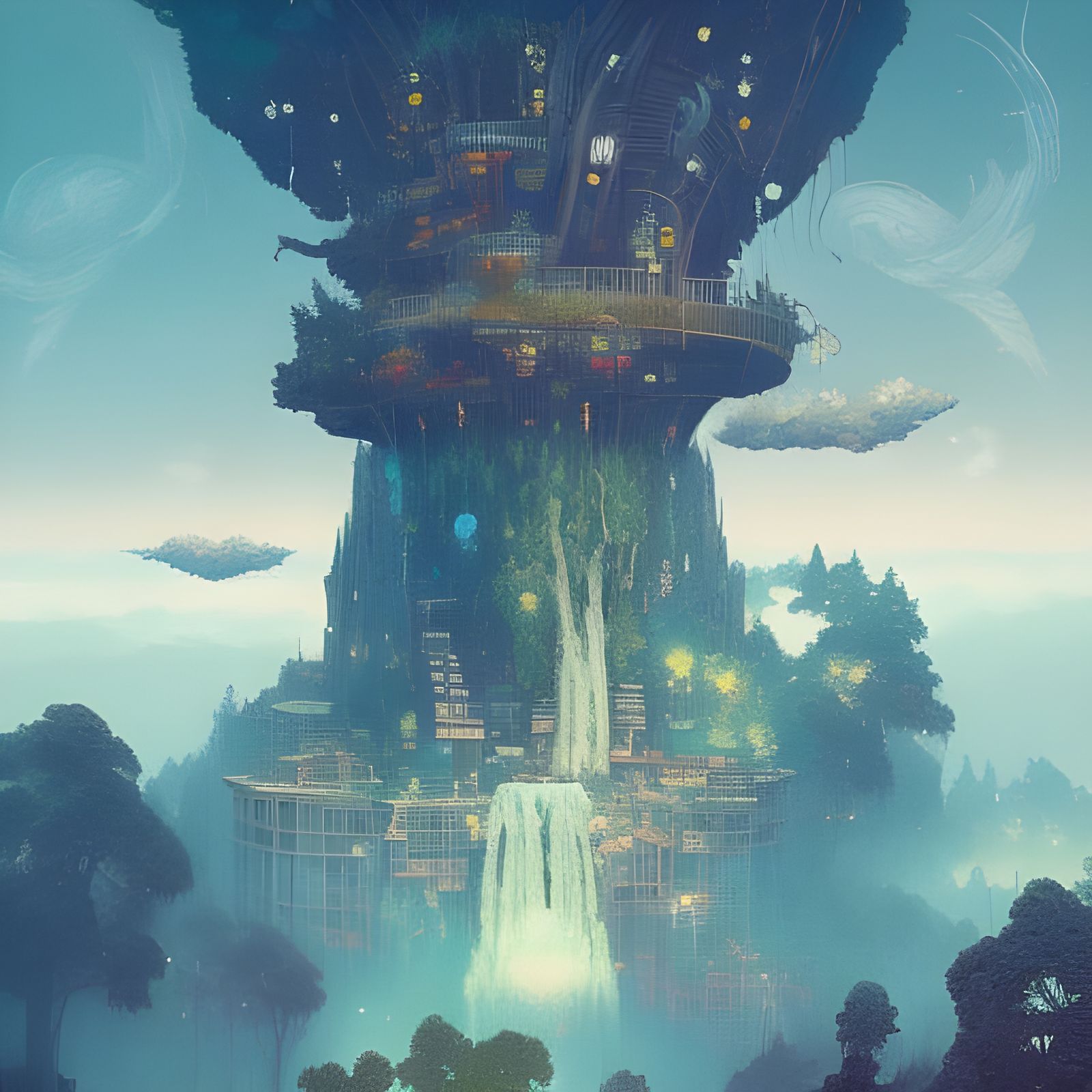 Medieval Treehouse City in Clouds: Pop Art Illustration