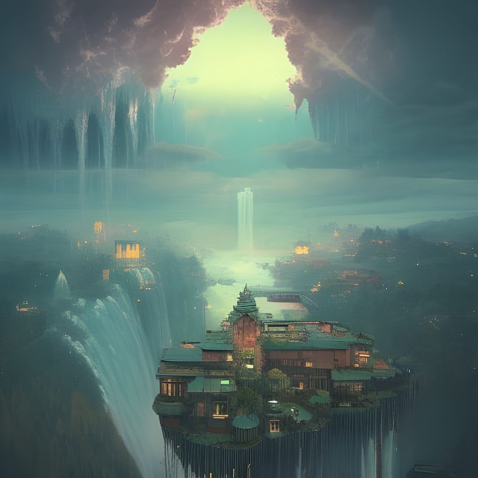Medieval Treehouse City in Cloud Waterfalls