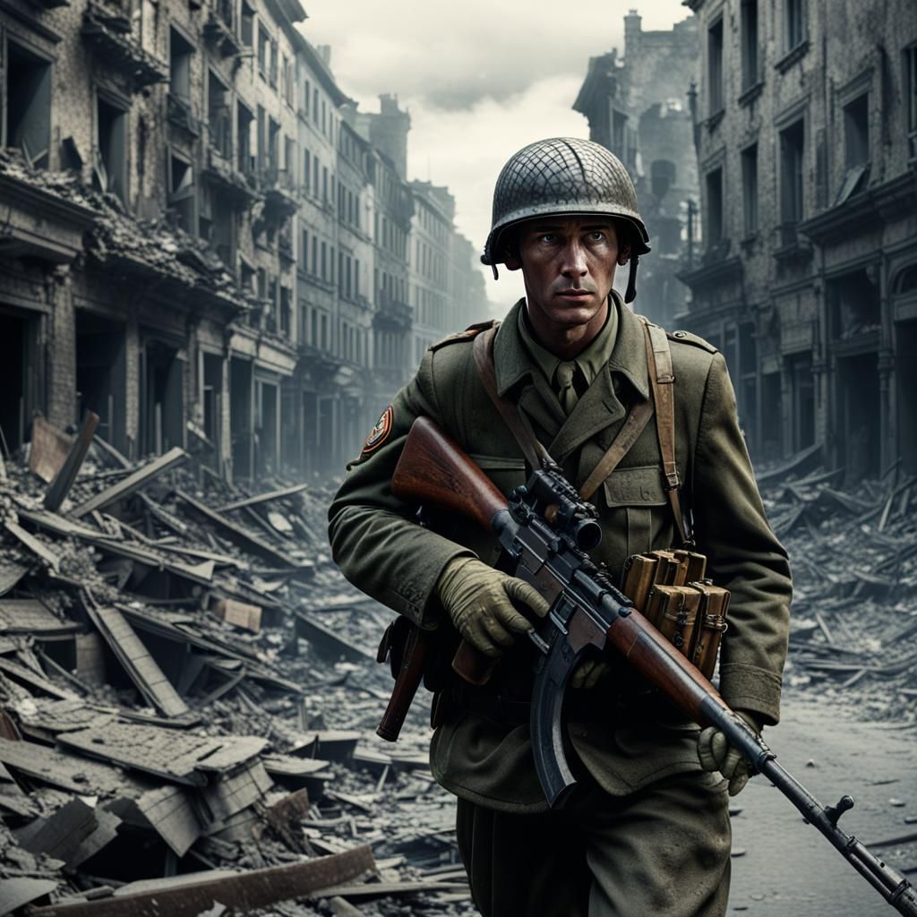 WWII Soldier Patrolling Devastated City in Cinematic Style