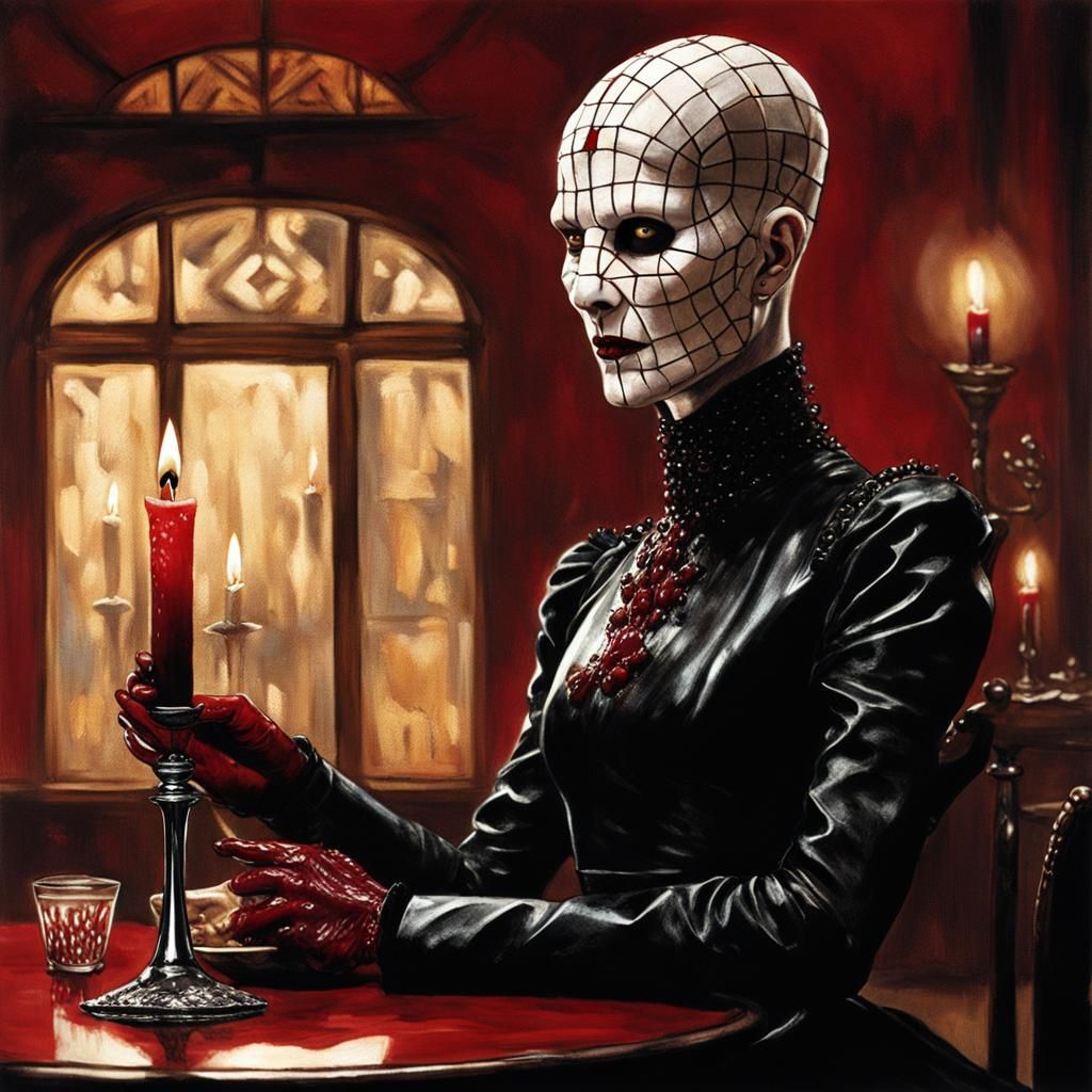 Hyperrealistic Female Pinhead Dining in French Café