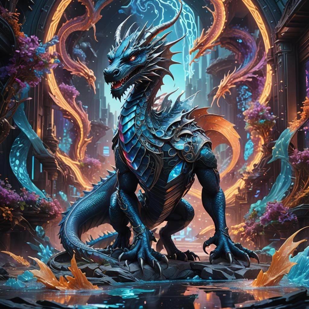 Futuristic Dragon Interwoven with Holographic Fabrics