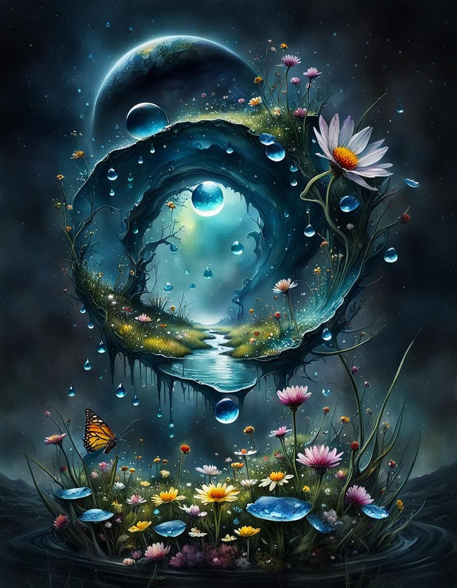 Surreal Flower Meadow Dreamscape in Watercolor Style