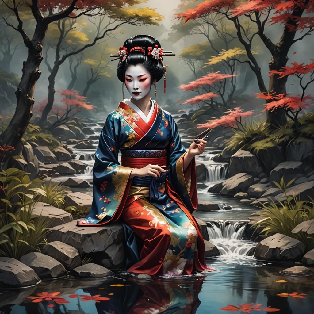 Geisha Smoking by Stream in Alcohol Ink