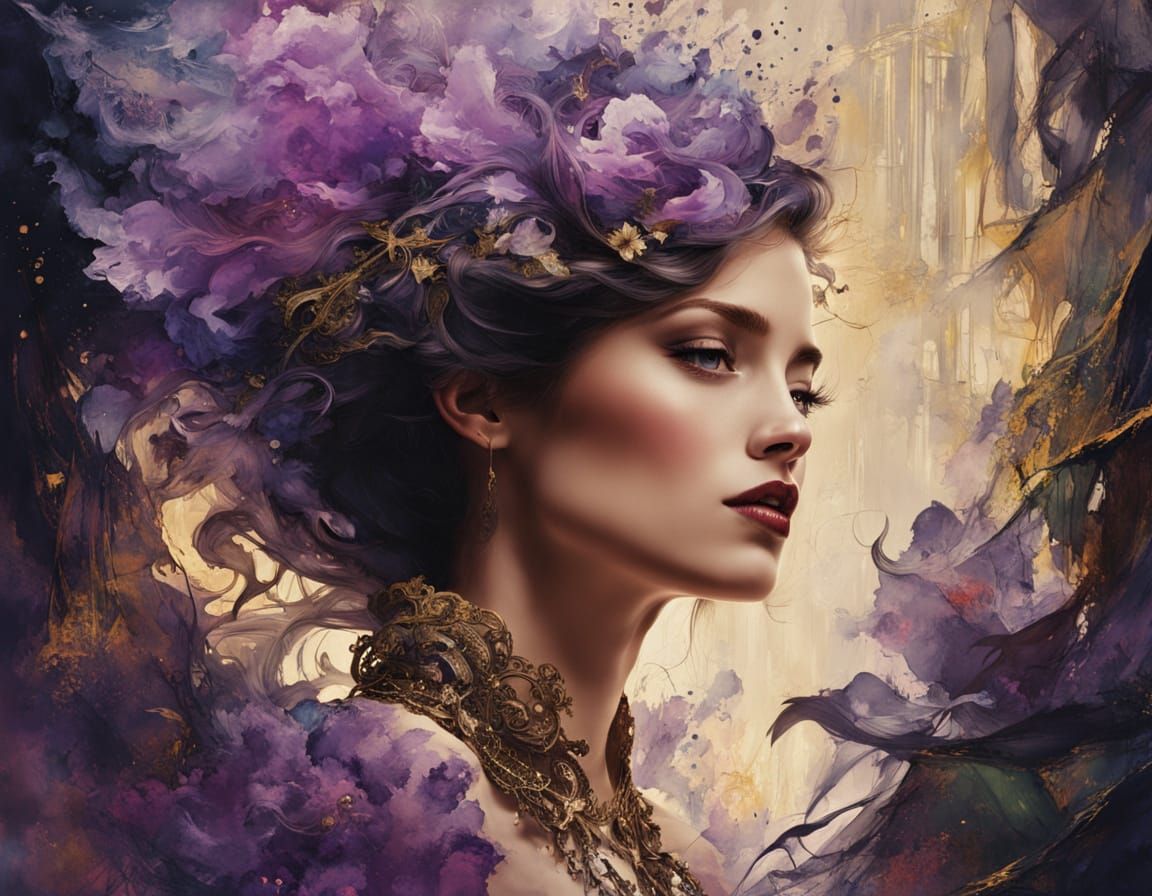 Woman in Liquid Sapphire Dress with Gold Accents