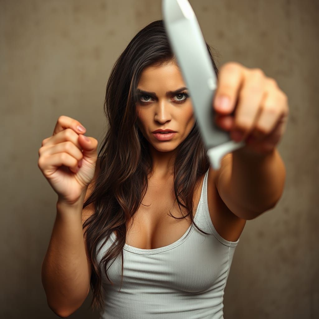 Furious Woman Waving Knife at Camera