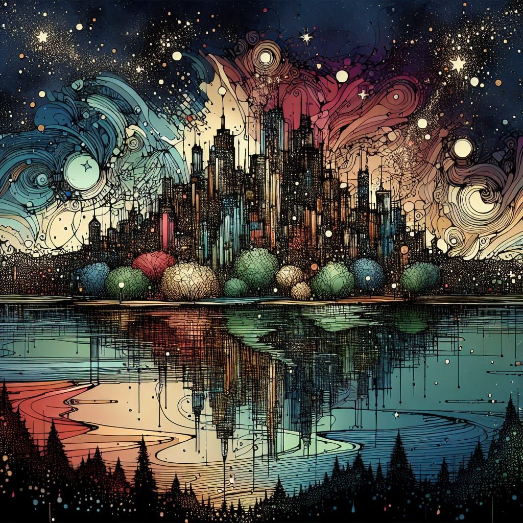 Colorful Cityscape Reflection in Ink-Splash Style