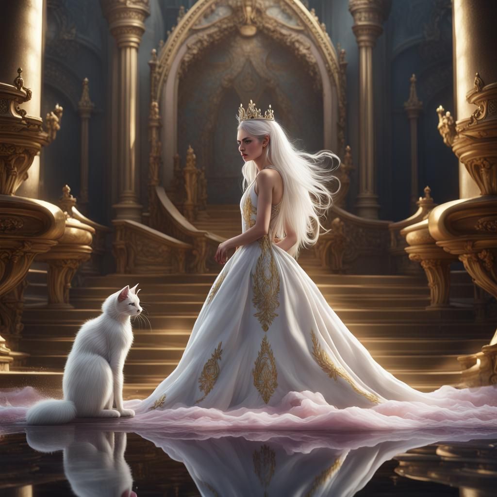 Pale Woman with Cat Kneeling on Cloud in Fantasy Art