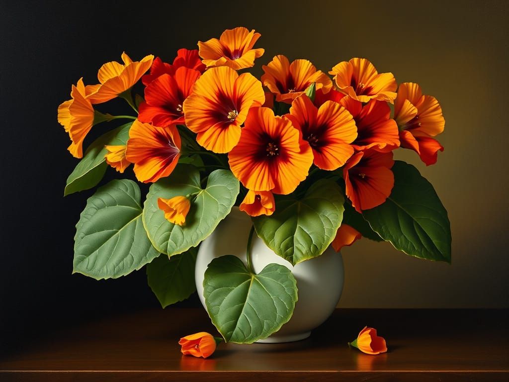 Vibrant Nasturtium Still Life in Ceramic Vase