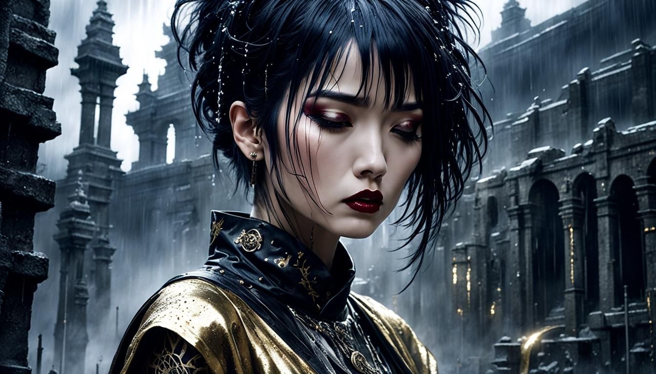 Moa Kikuchi in Dystopian Gothic Ruins, Luis Royo Style