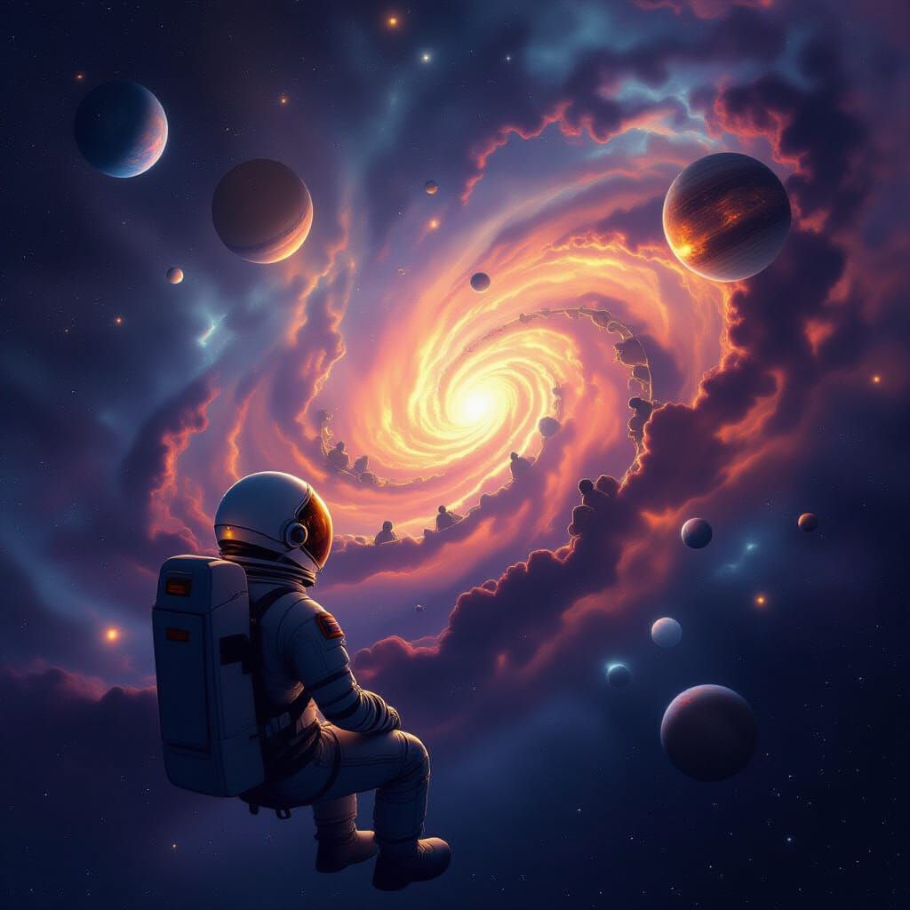 Astronaut Adrift Gazing at Cosmic Carousel Nebula