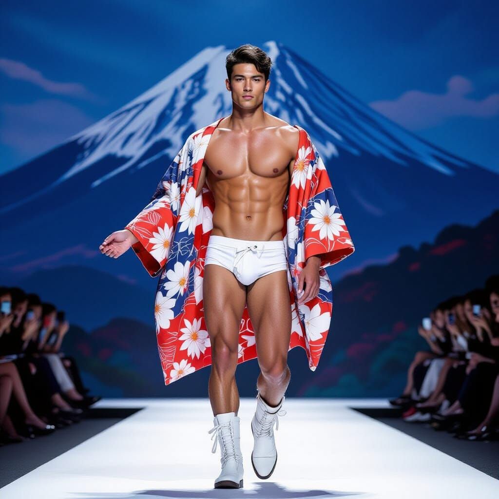 Kimono Fashion Show on Runway with Mt. Fuji