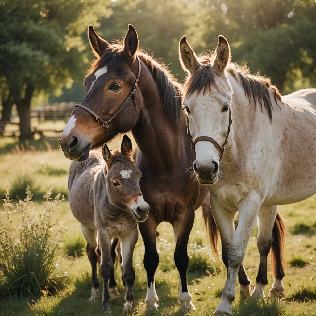 Horse and Donkey Share Gentle Moment in Meadow