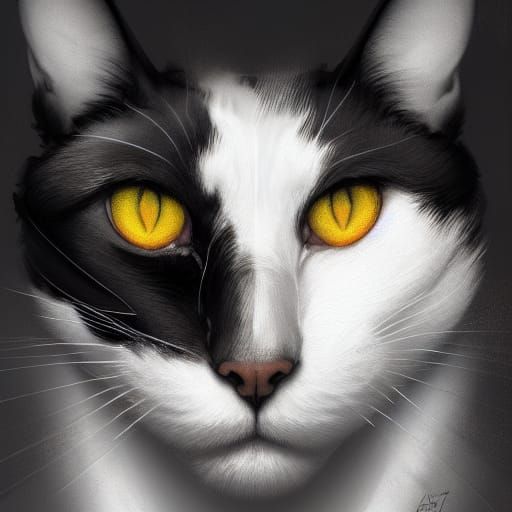 Scolding Black and White Cat Portrait in Detailed Art