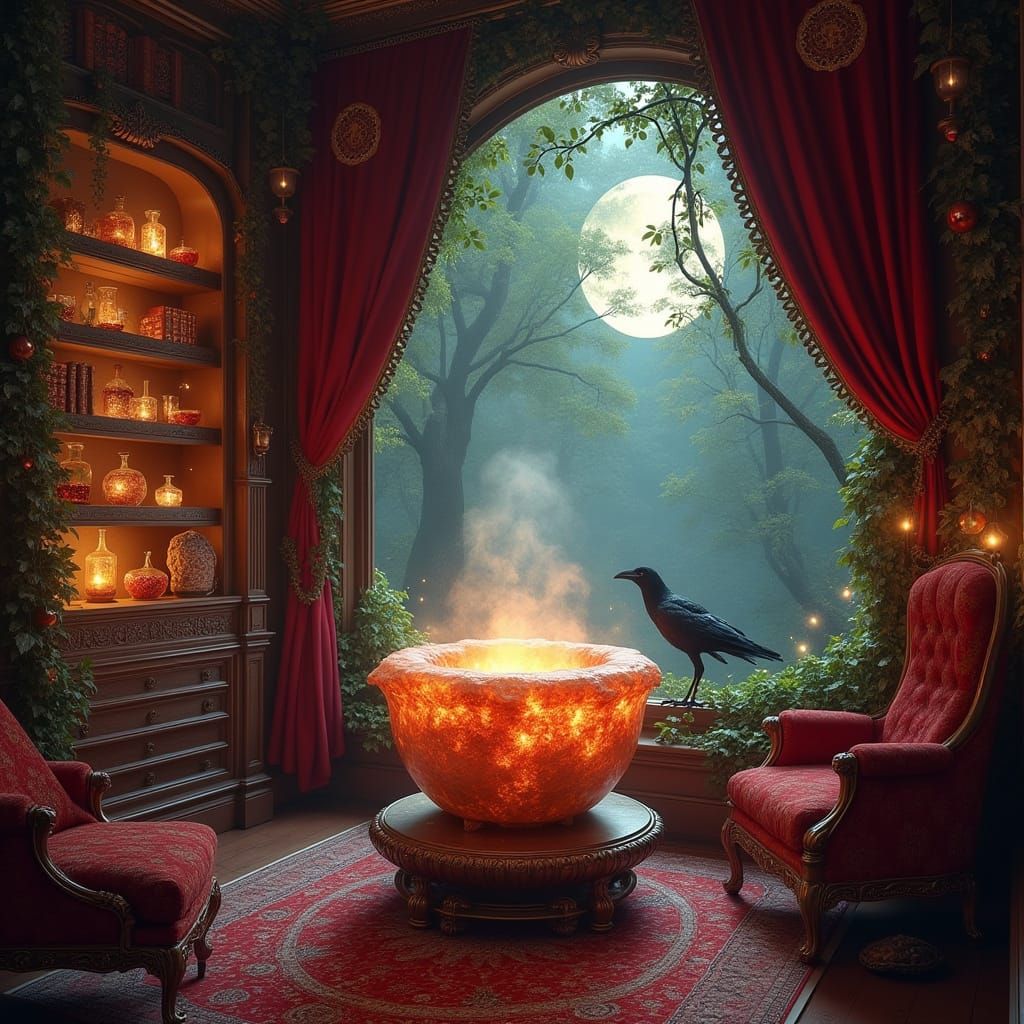 Opulent Witch's Sanctum in Crimson and Gold