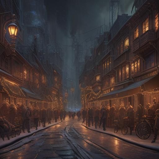 Steampunk Christmas Street Scene at Night