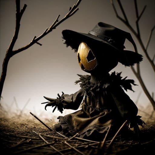 Eerie Miniature Scarecrow in Dark Abstract Style
