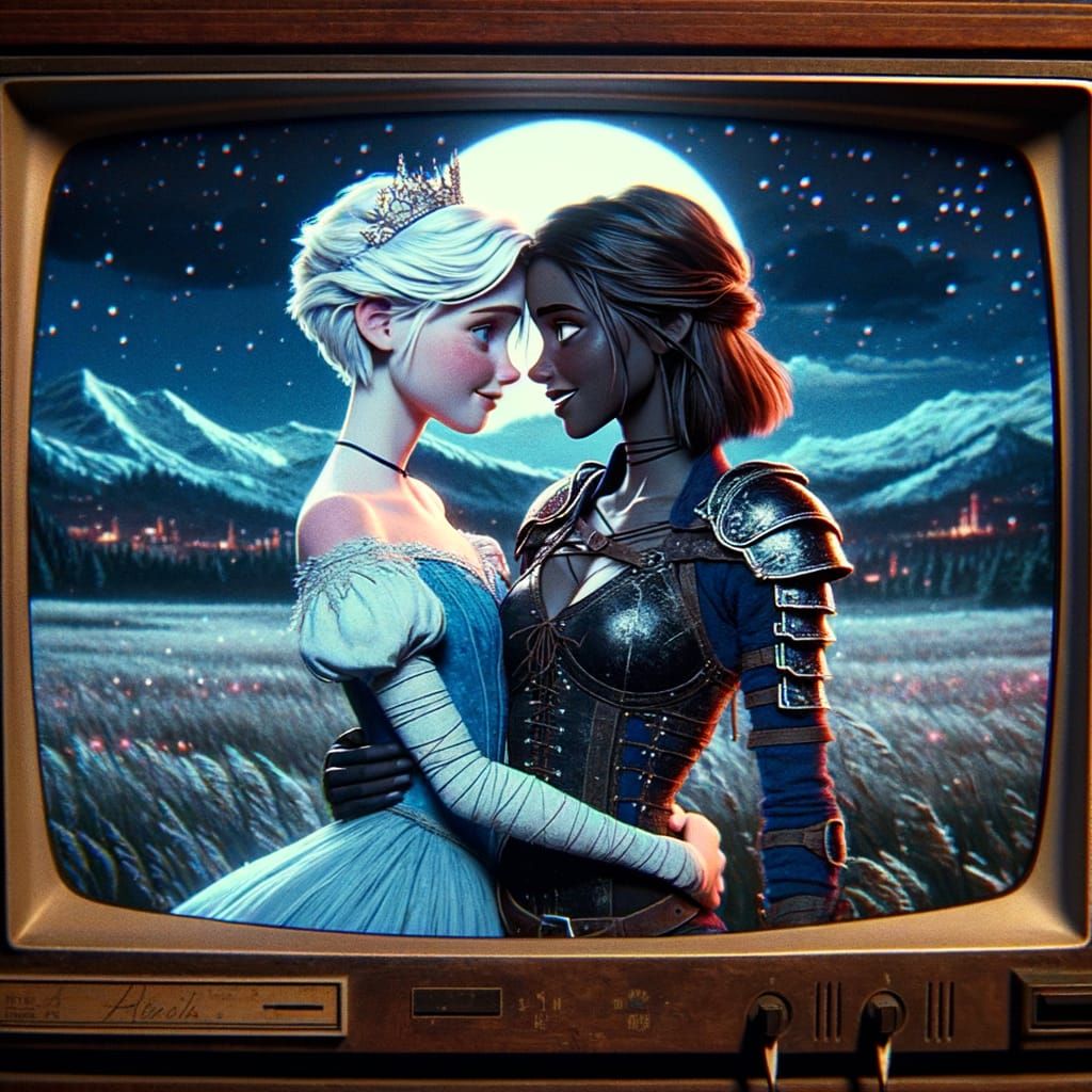 Princess and Adventurer Embrace Under Red Moon