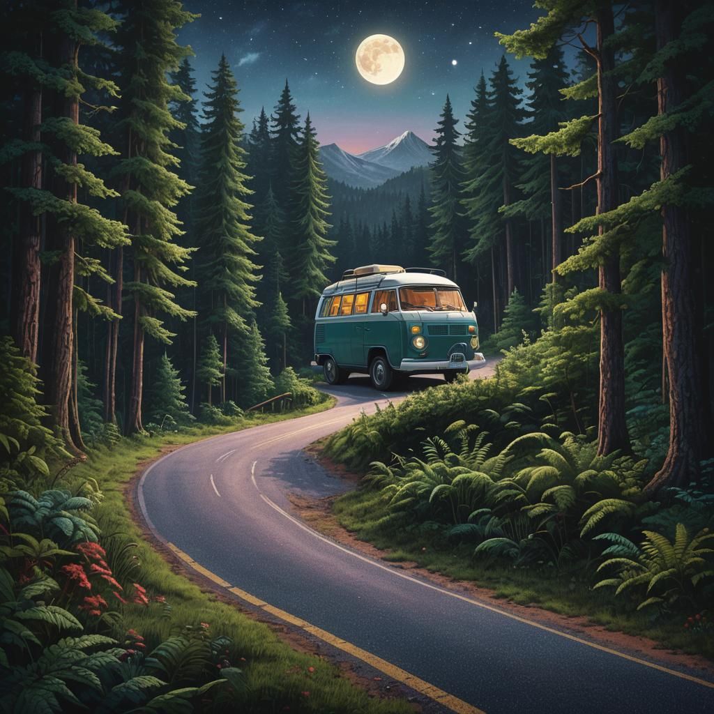 Campervan Journey Through Fantasy Forest, Pointillist Style