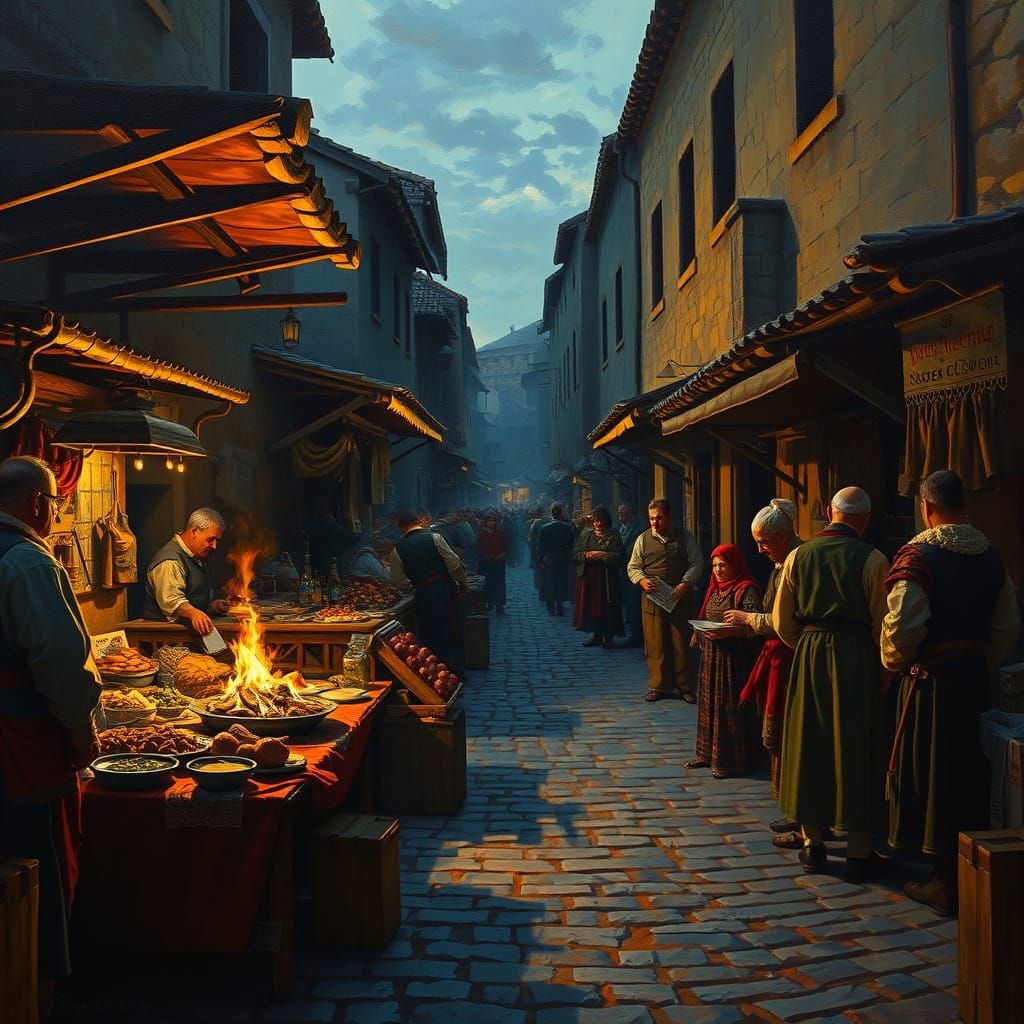 Medieval Marketplace Chef Prepares Final Dish at Dusk Oil Pa...