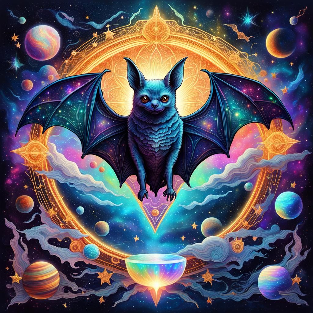 Holographic Cosmic Bat Illustration in Mixed Media