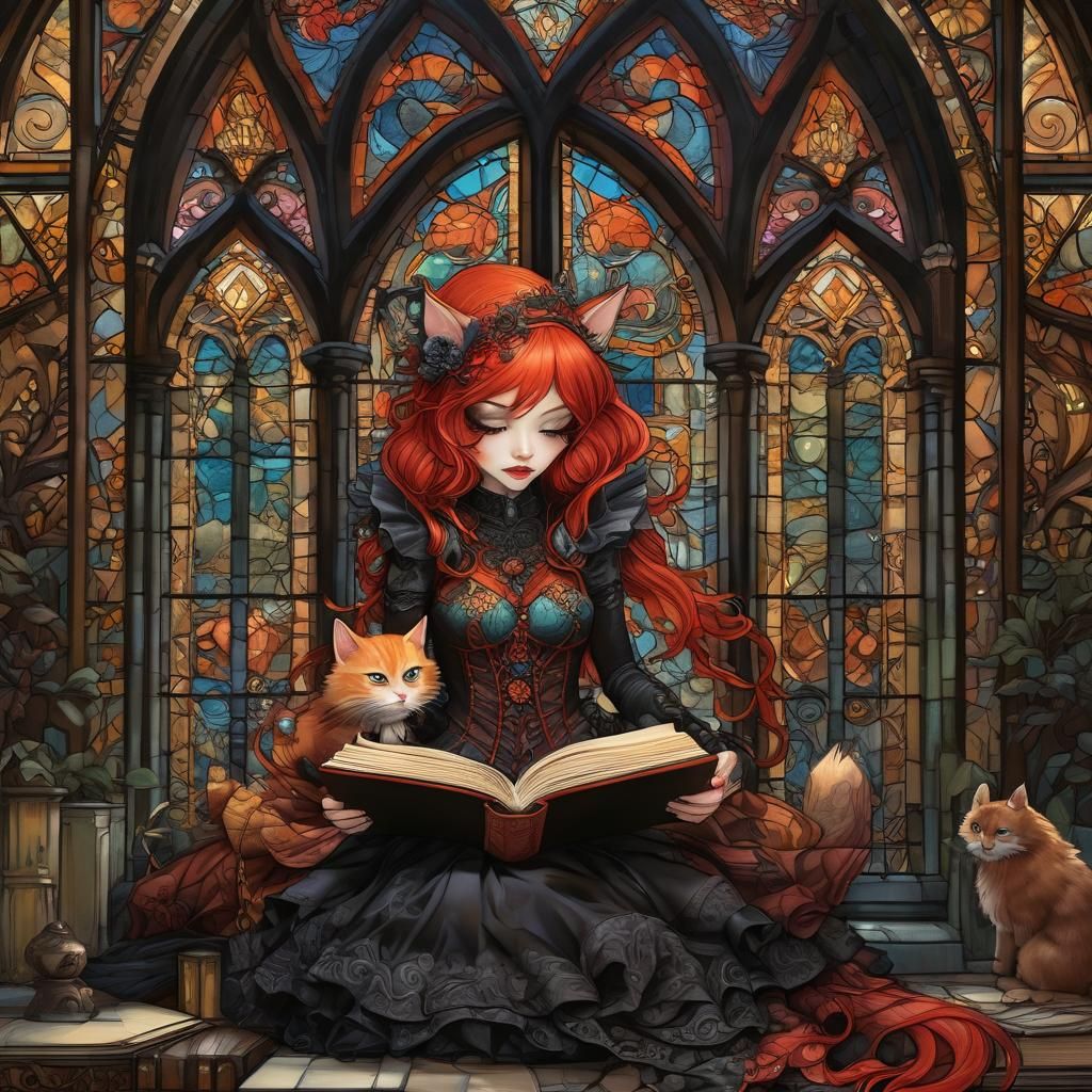 Gothic Cat Girl Reading in Whimsical Architecture