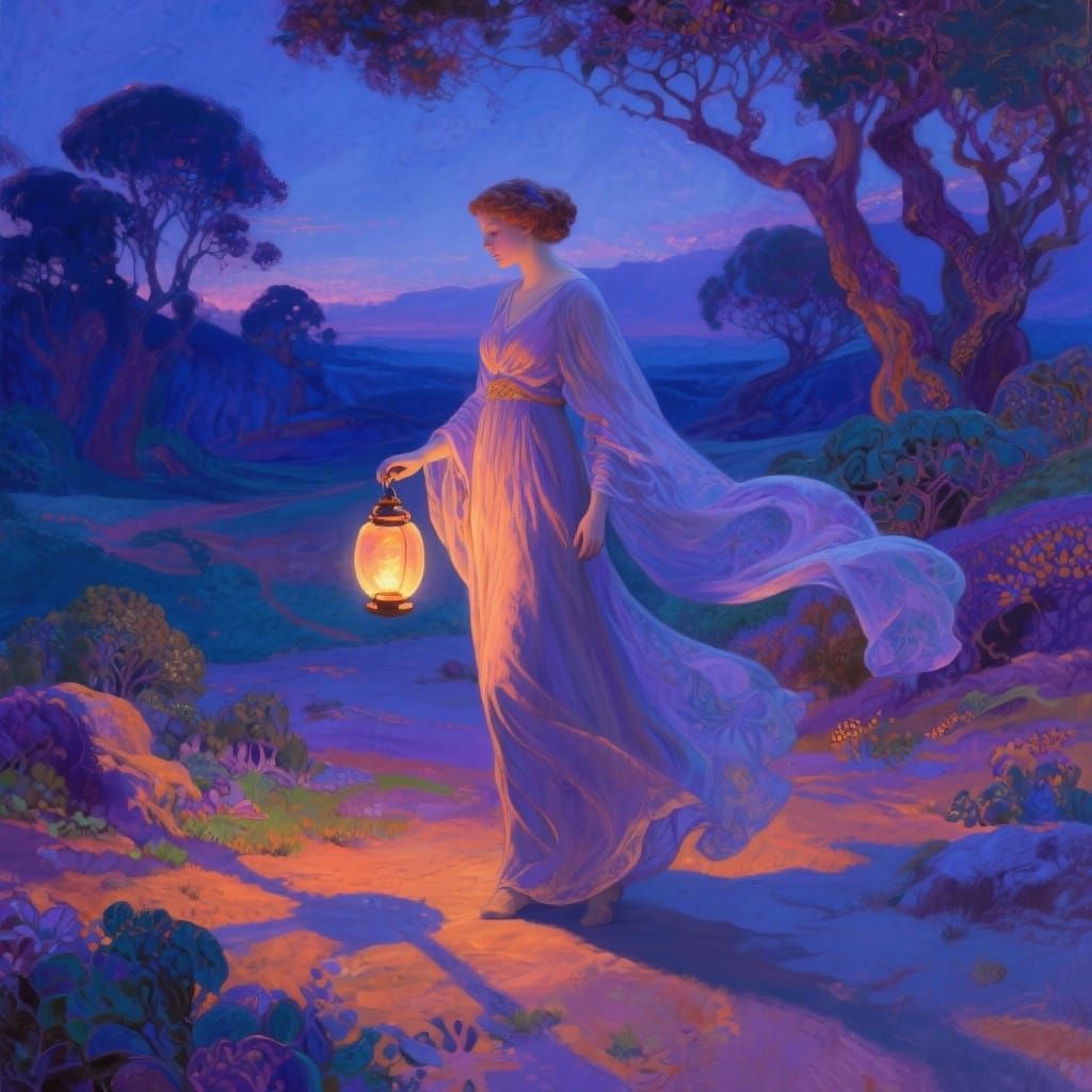 Ethereal Lantern Bearer in Dreamlike Twilight Landscape