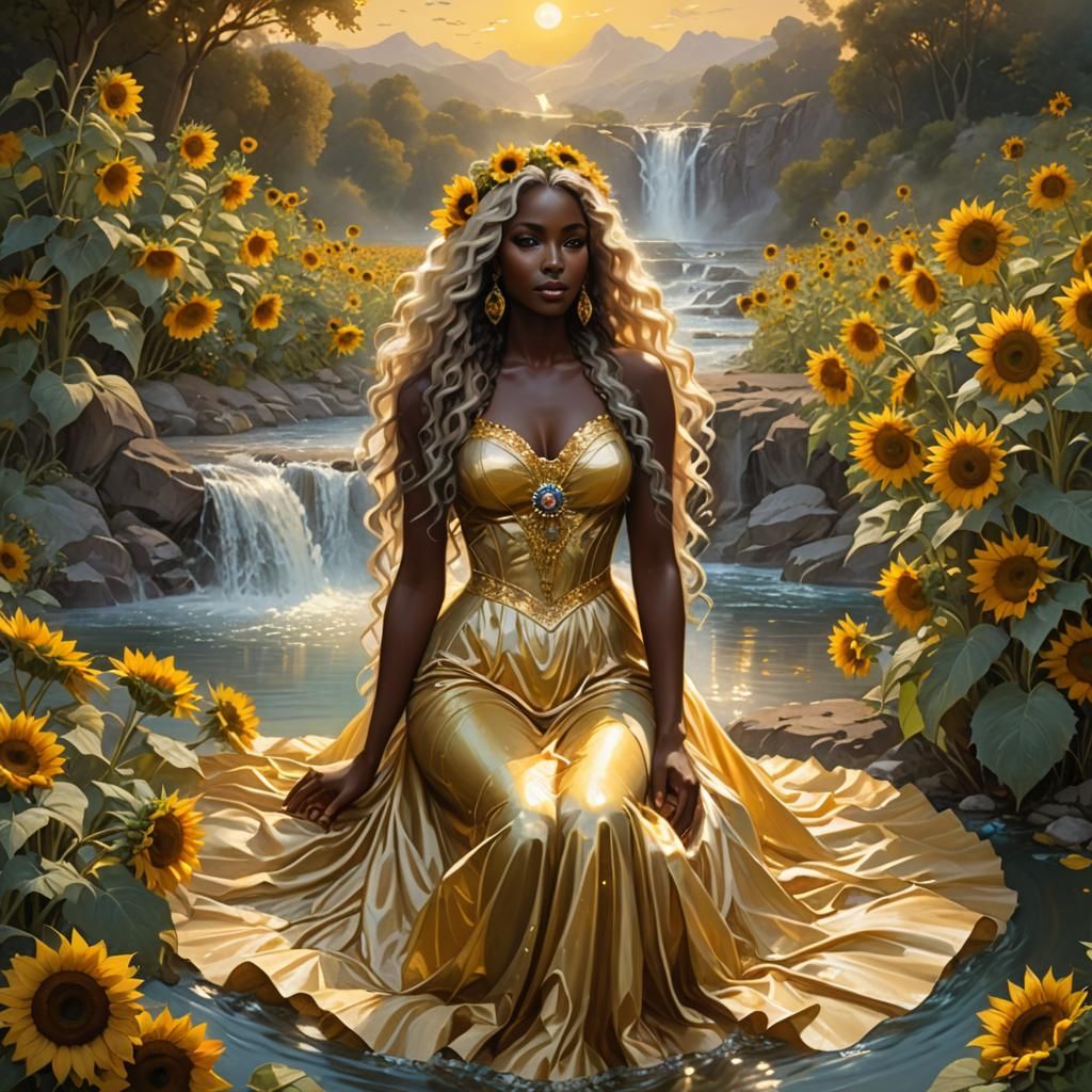 Ethereal Goddess in River of Sunflowers