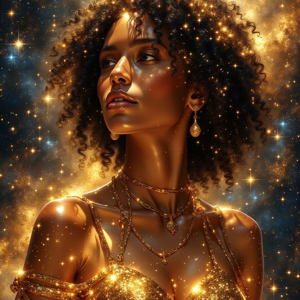Radiant Black Woman in Celestial Vogue Portrait