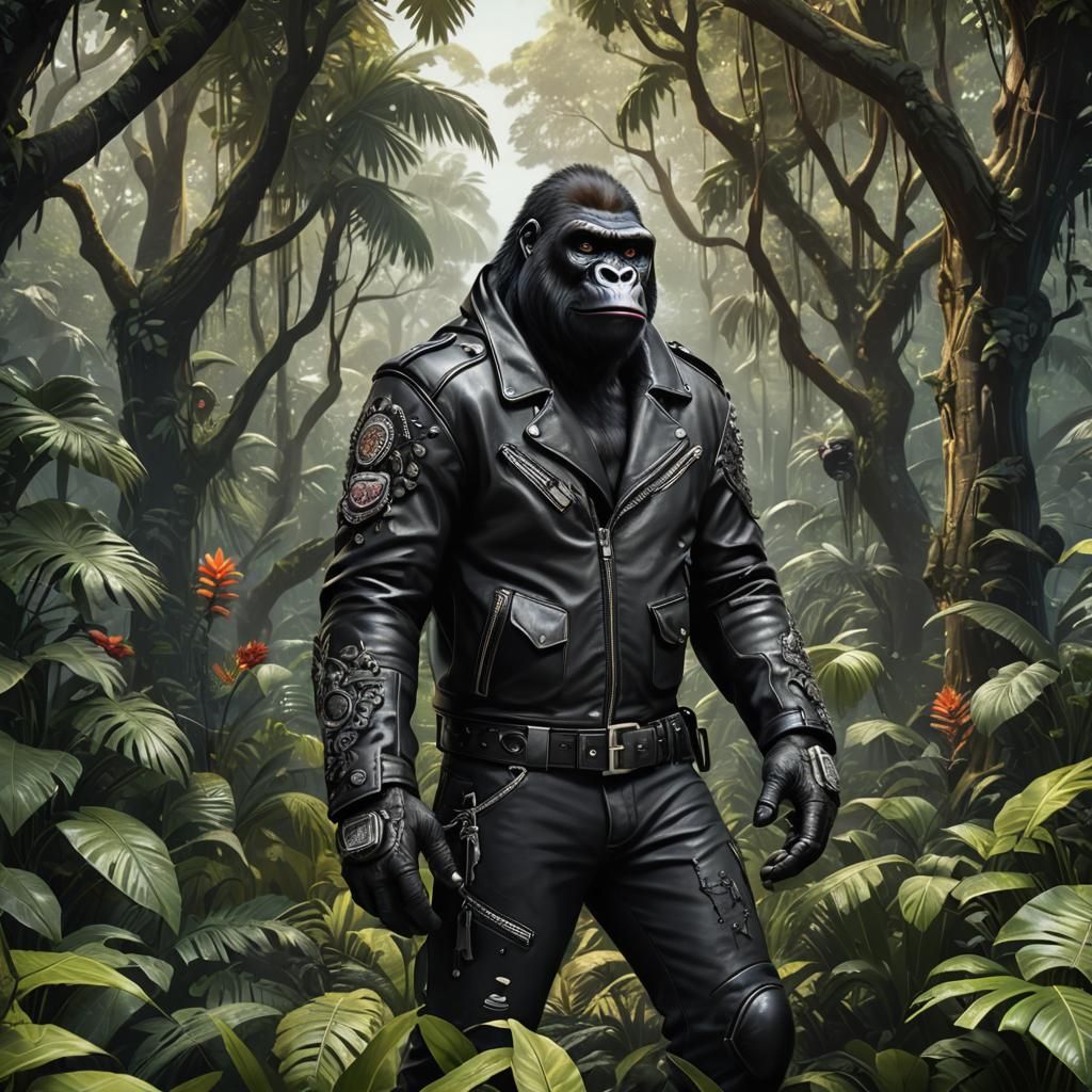Cartoon Gorilla Biker in Jungle Scene
