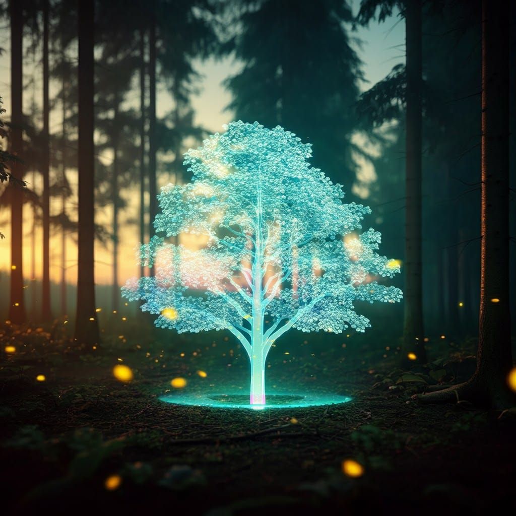 Tree hologram in forest at dusk