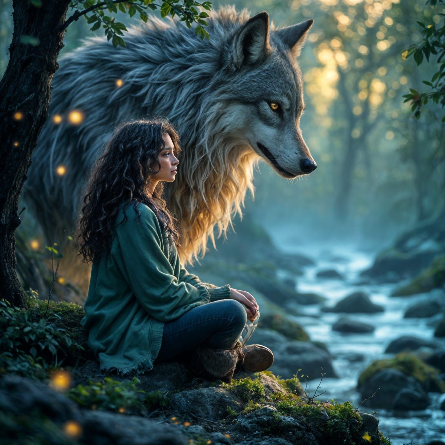 Woman in Twilight Glade with Astral Wolf Companion
